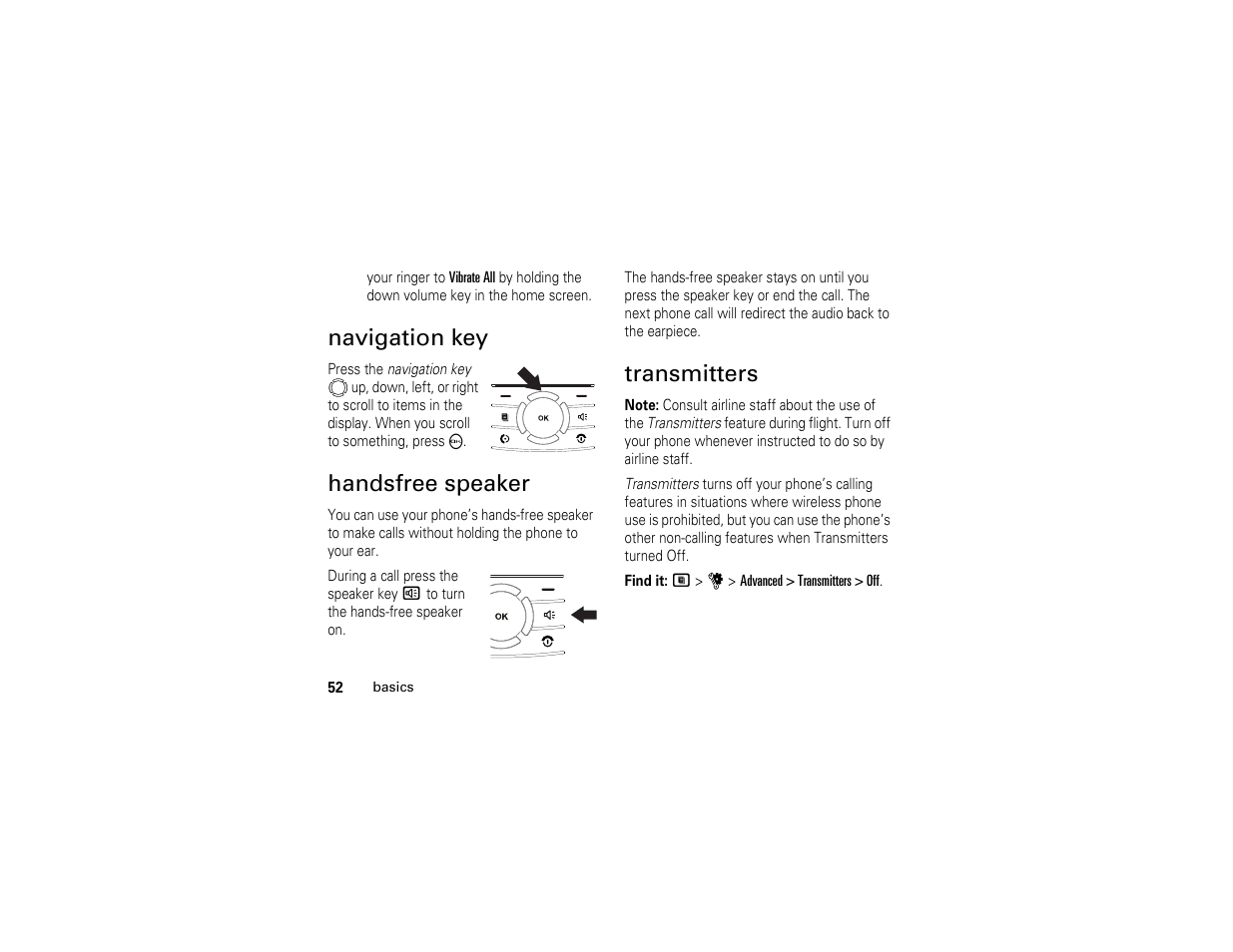 Navigation key, Handsfree speaker, Transmitters | Motorola I290 User Manual | Page 58 / 108