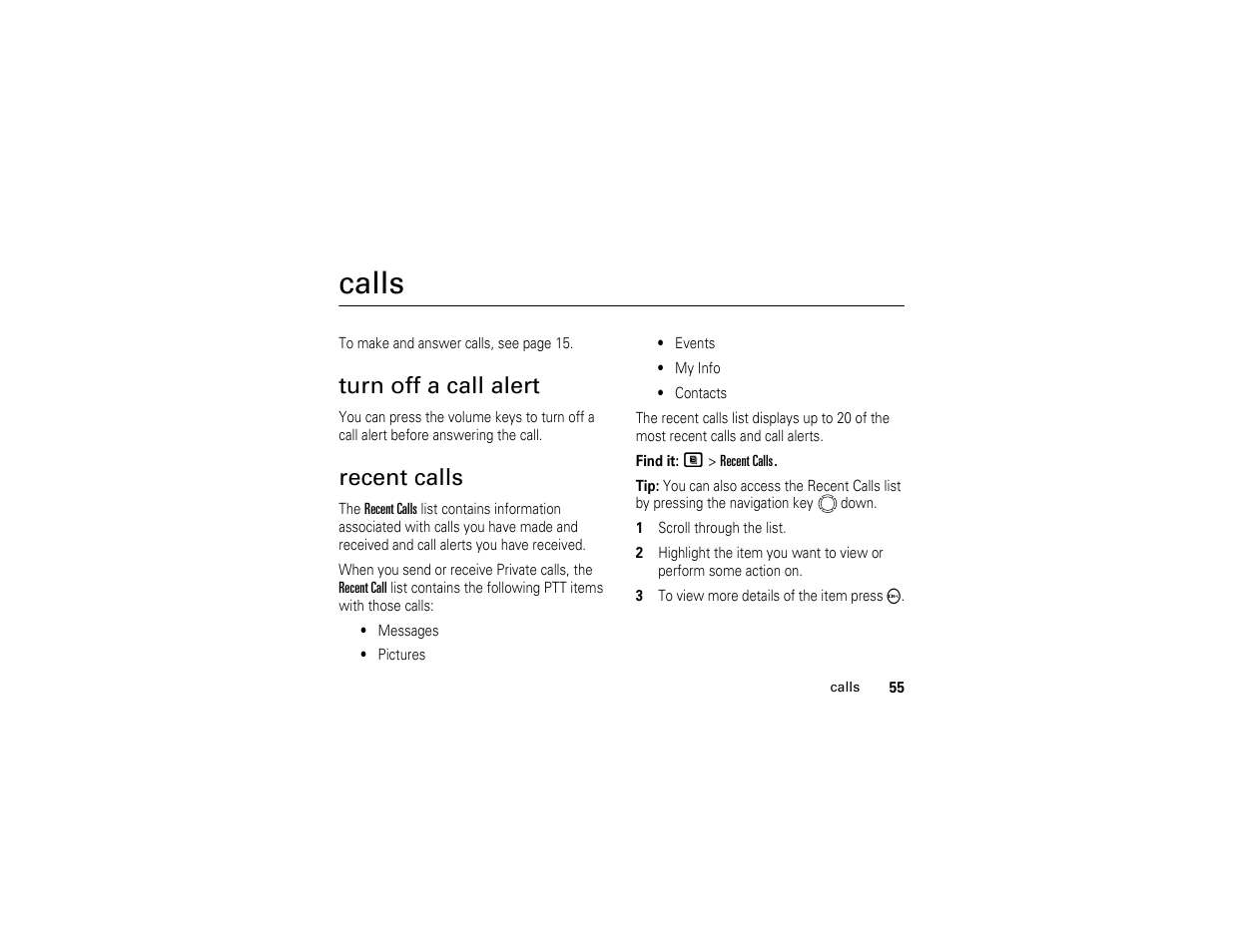 Calls, Turn off a call alert, Recent calls | Motorola I290 User Manual | Page 61 / 108