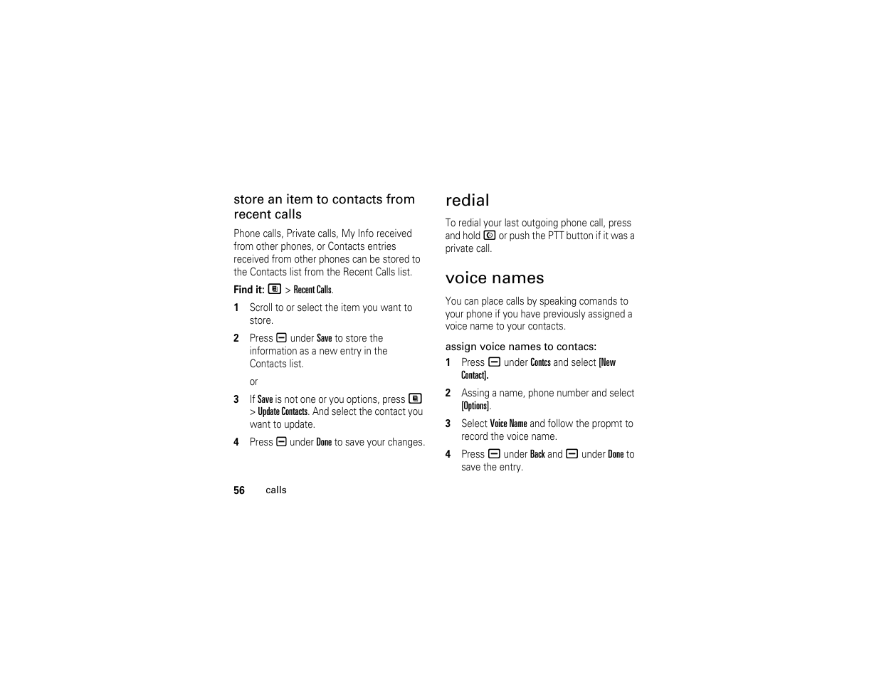 Redial, Voice names | Motorola I290 User Manual | Page 62 / 108