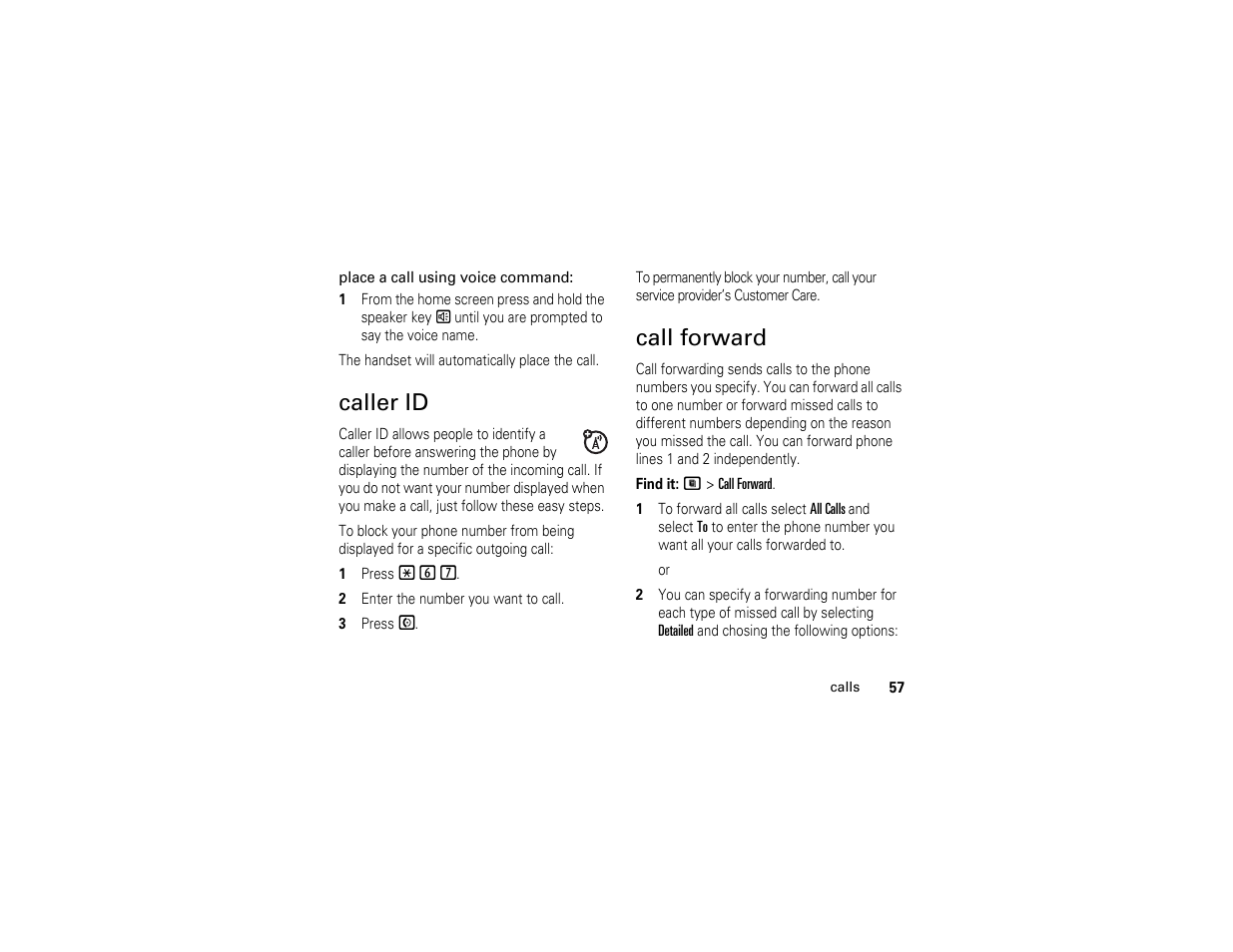 Caller id, Call forward | Motorola I290 User Manual | Page 63 / 108