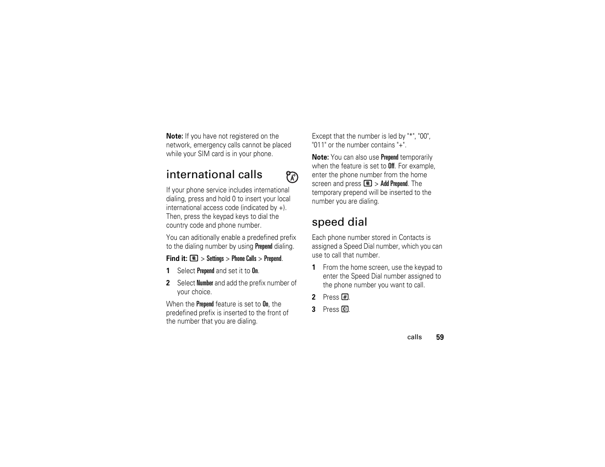 International calls, Speed dial | Motorola I290 User Manual | Page 65 / 108