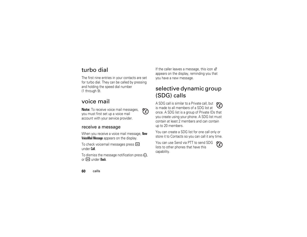 Turbo dial, Voice mail, Selective dynamic group (sdg) calls | Selective dynamic, Group (sdg) calls | Motorola I290 User Manual | Page 66 / 108