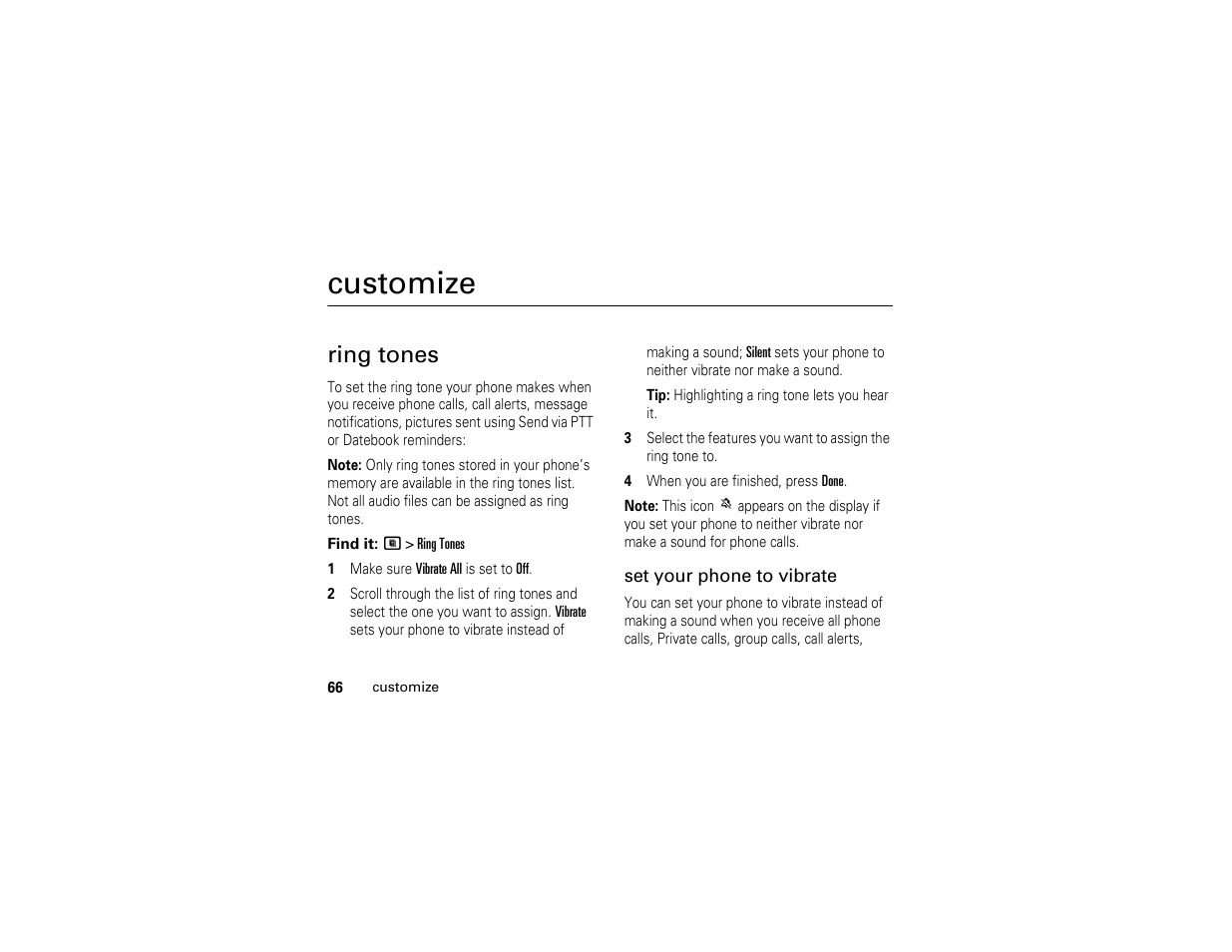 Customize, Ring tones | Motorola I290 User Manual | Page 72 / 108