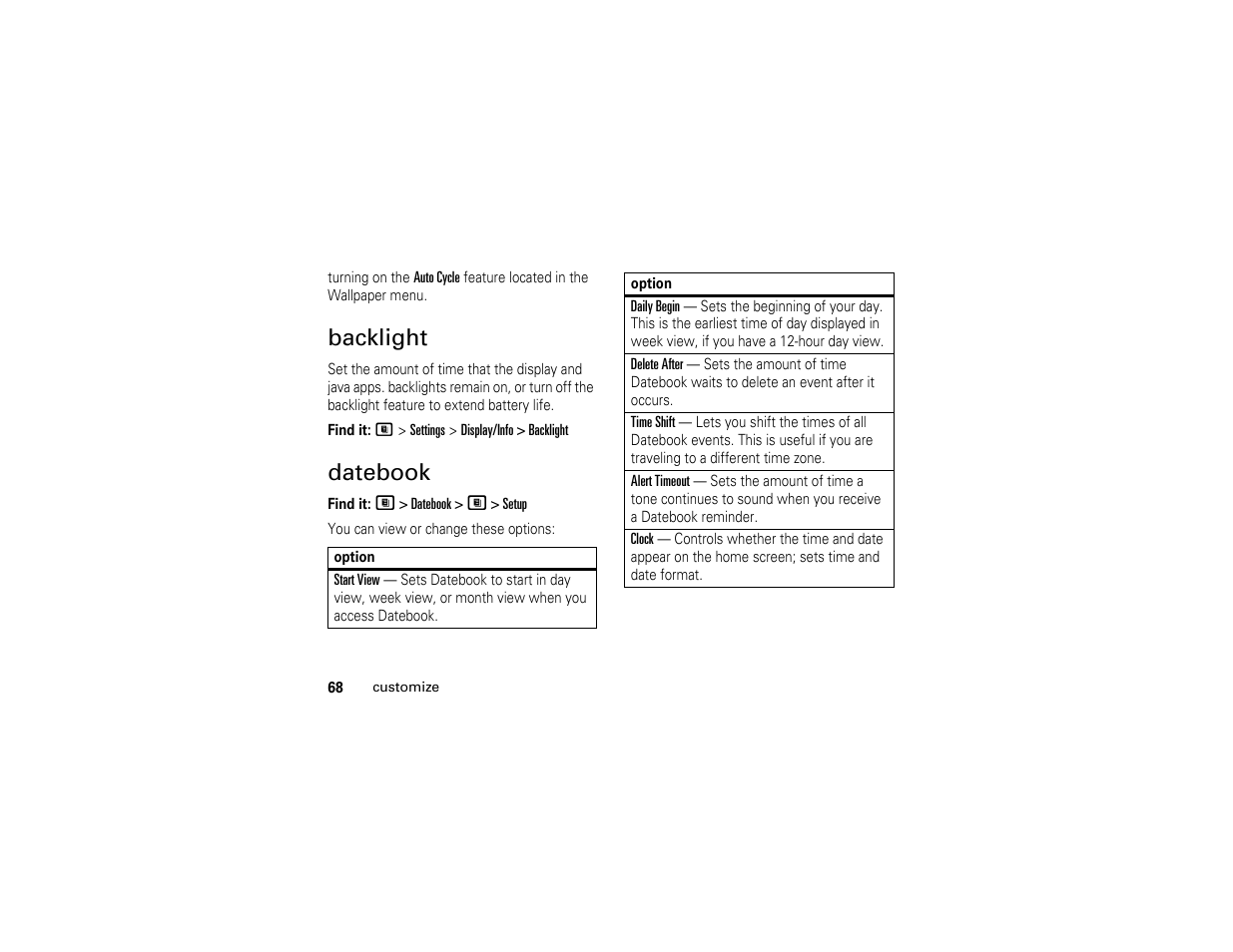 Backlight, Datebook | Motorola I290 User Manual | Page 74 / 108