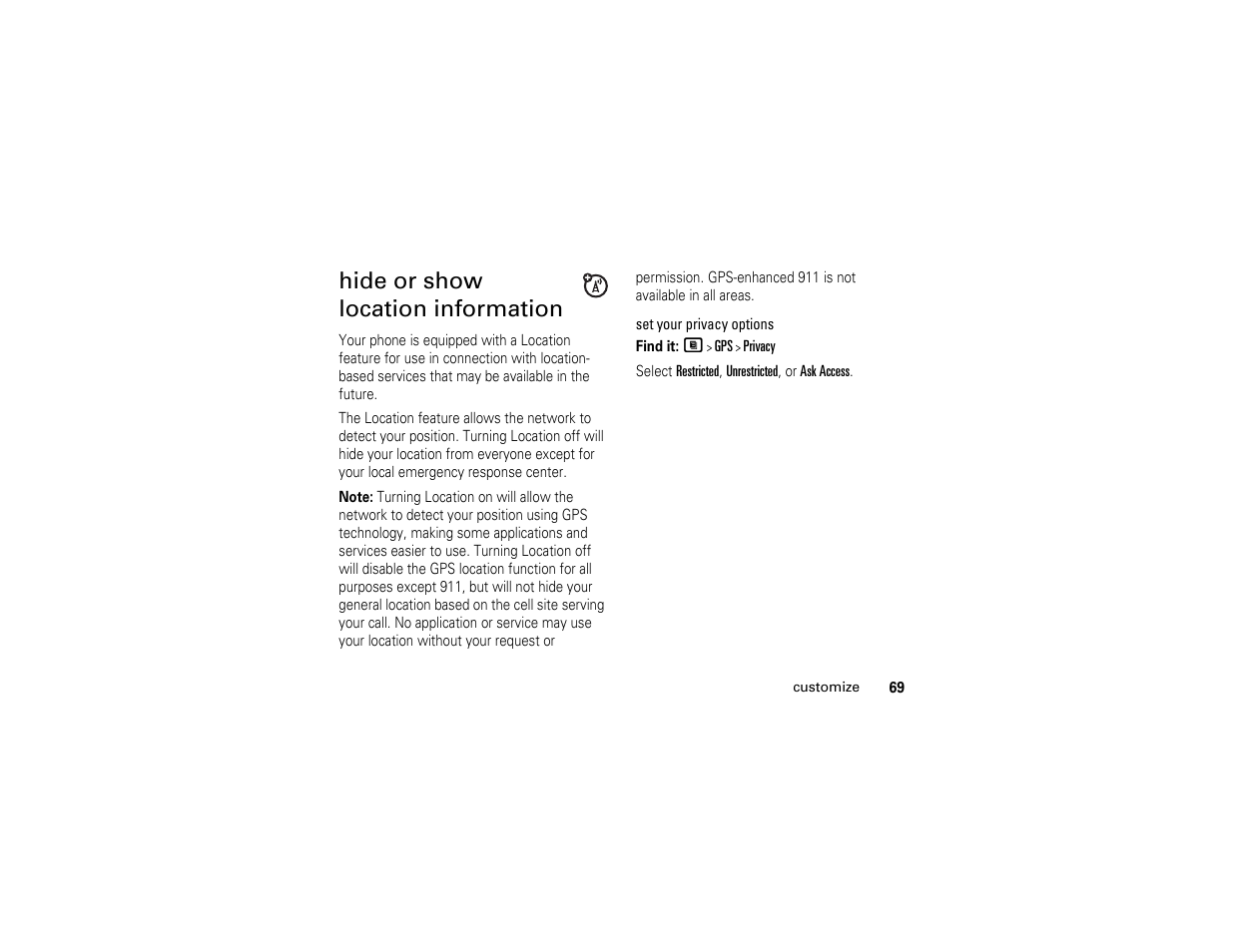 Hide or show location information, Hide or show, Location information | Motorola I290 User Manual | Page 75 / 108
