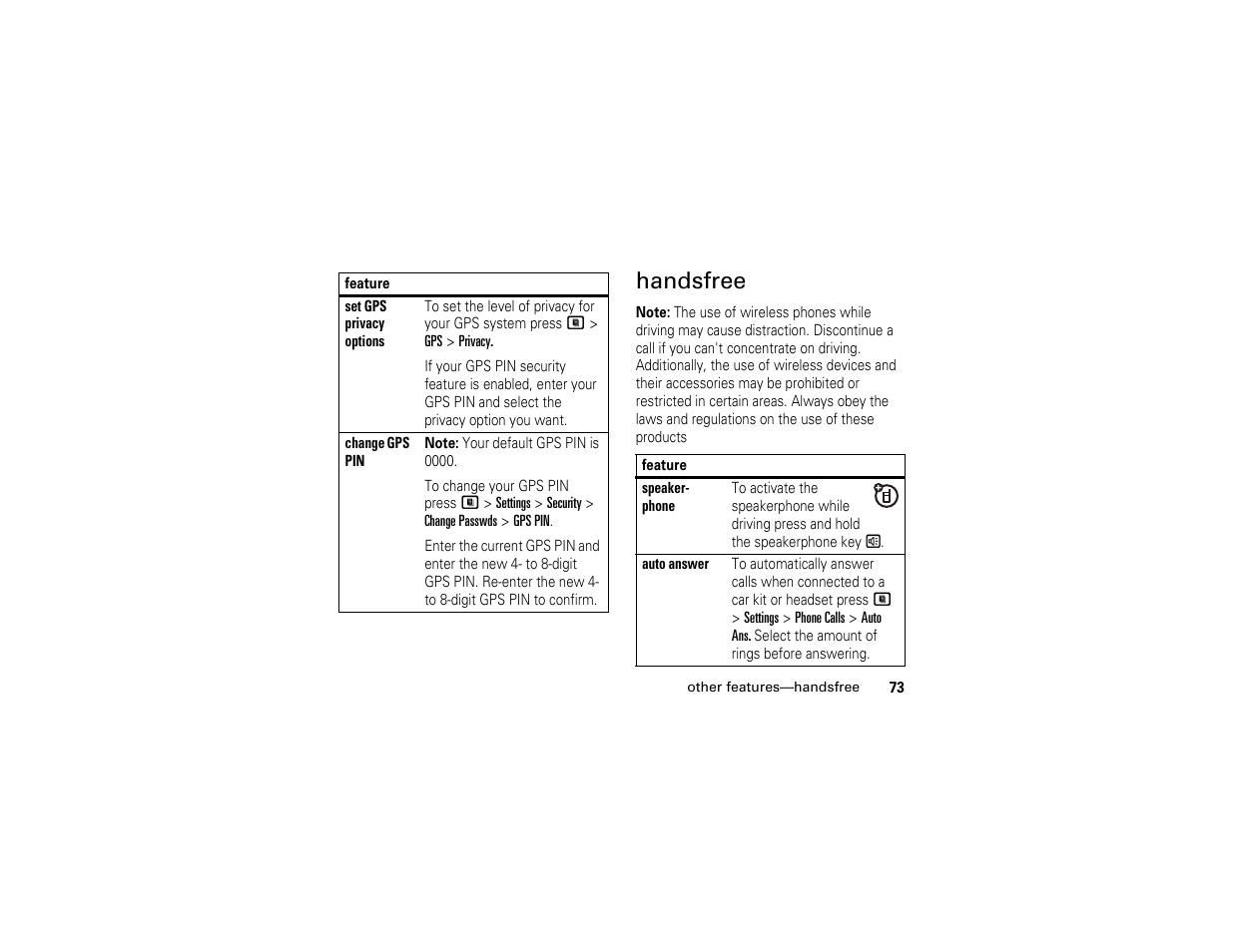 Handsfree | Motorola I290 User Manual | Page 79 / 108