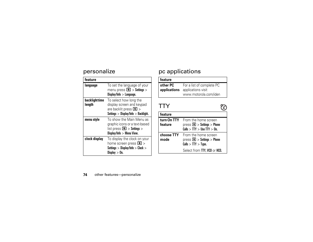 Personalize, Pc applications, Personalize pc applications tty | Motorola I290 User Manual | Page 80 / 108
