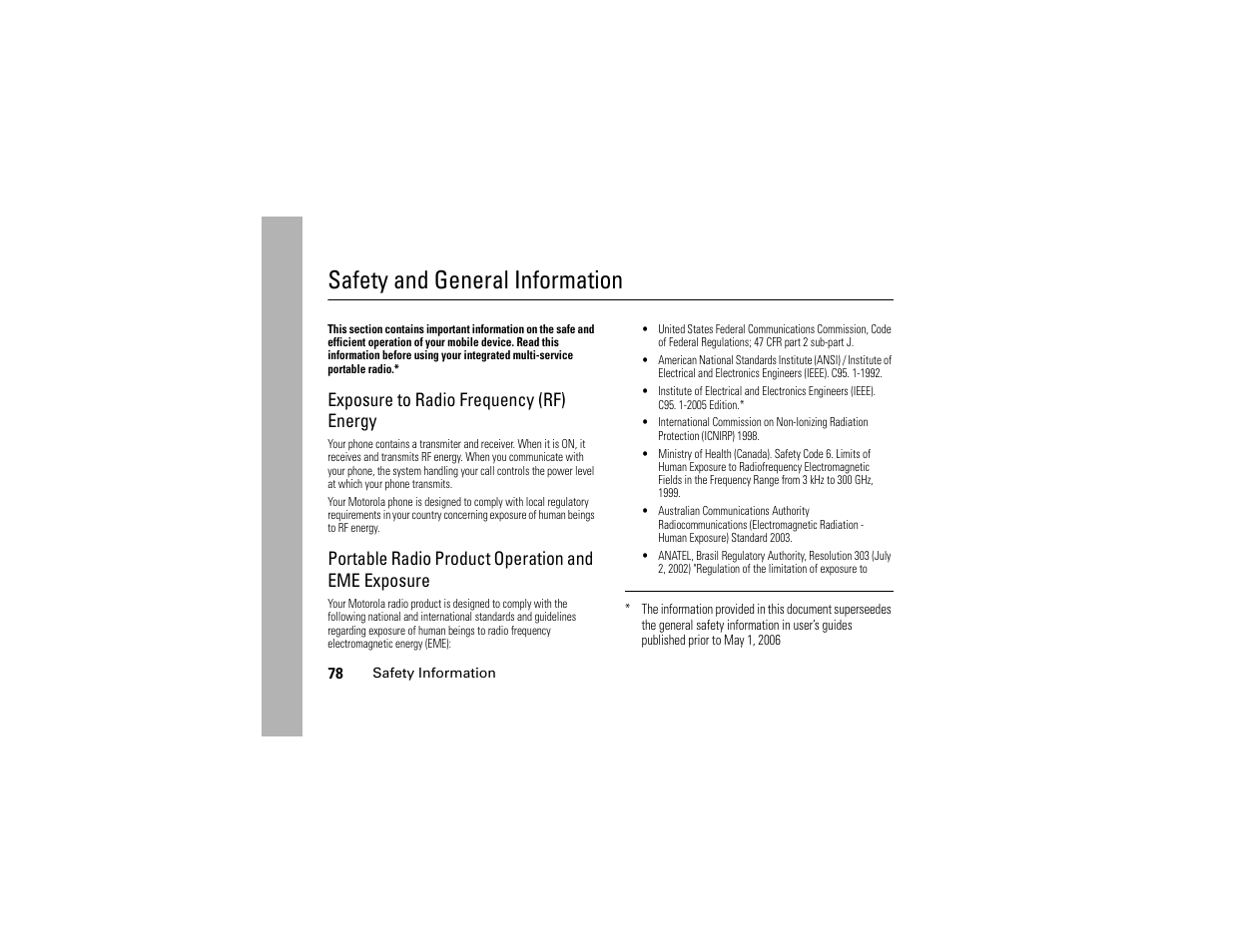 Safety and general information, Safety and general, Information | Exposure to radio frequency (rf) energy, Portable radio product operation and eme exposure | Motorola I290 User Manual | Page 84 / 108