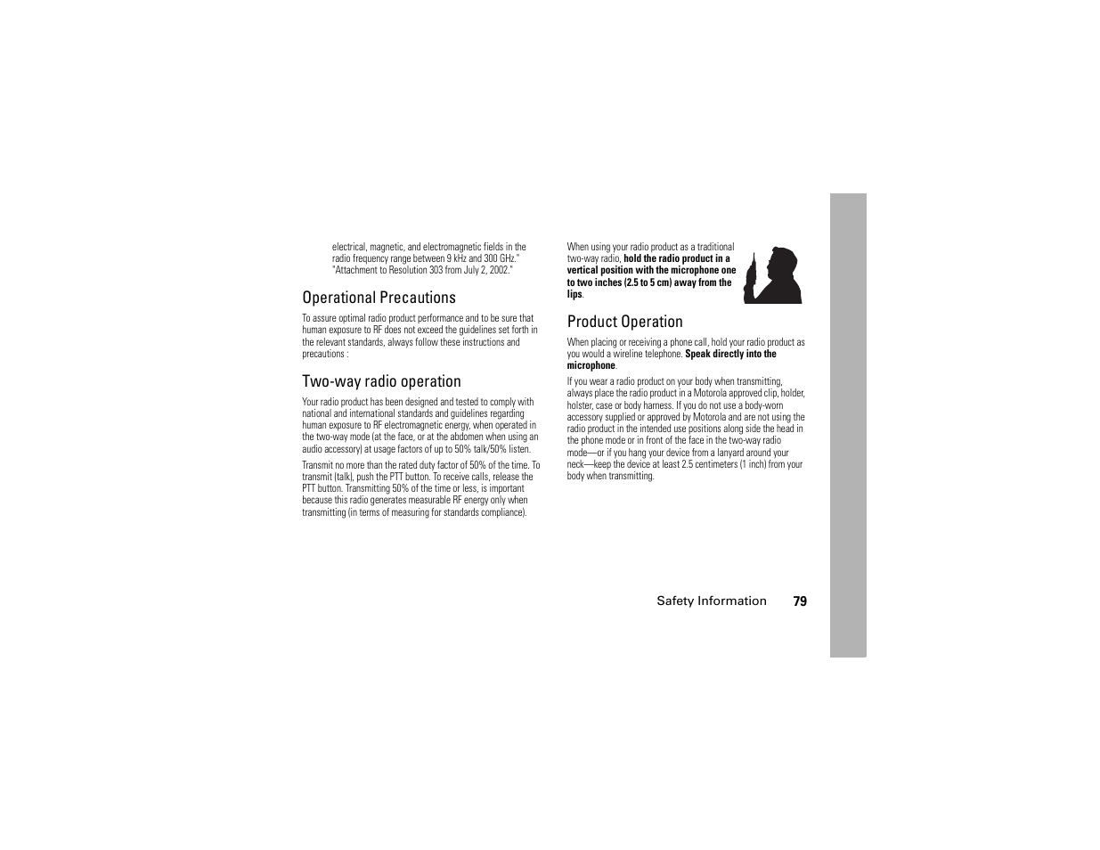Operational precautions, Two-way radio operation, Product operation | Motorola I290 User Manual | Page 85 / 108