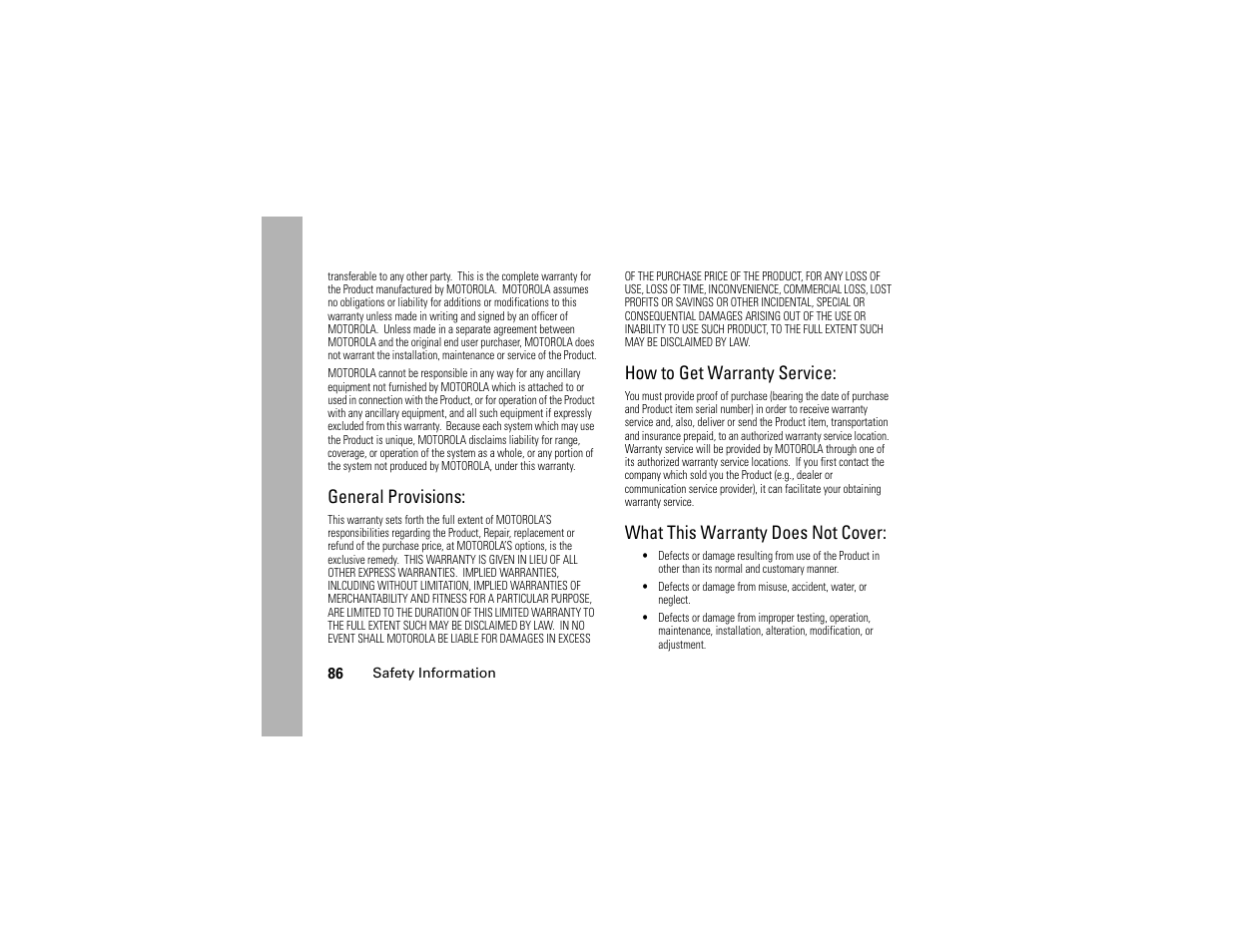 General provisions, How to get warranty service, What this warranty does not cover | Motorola I290 User Manual | Page 92 / 108