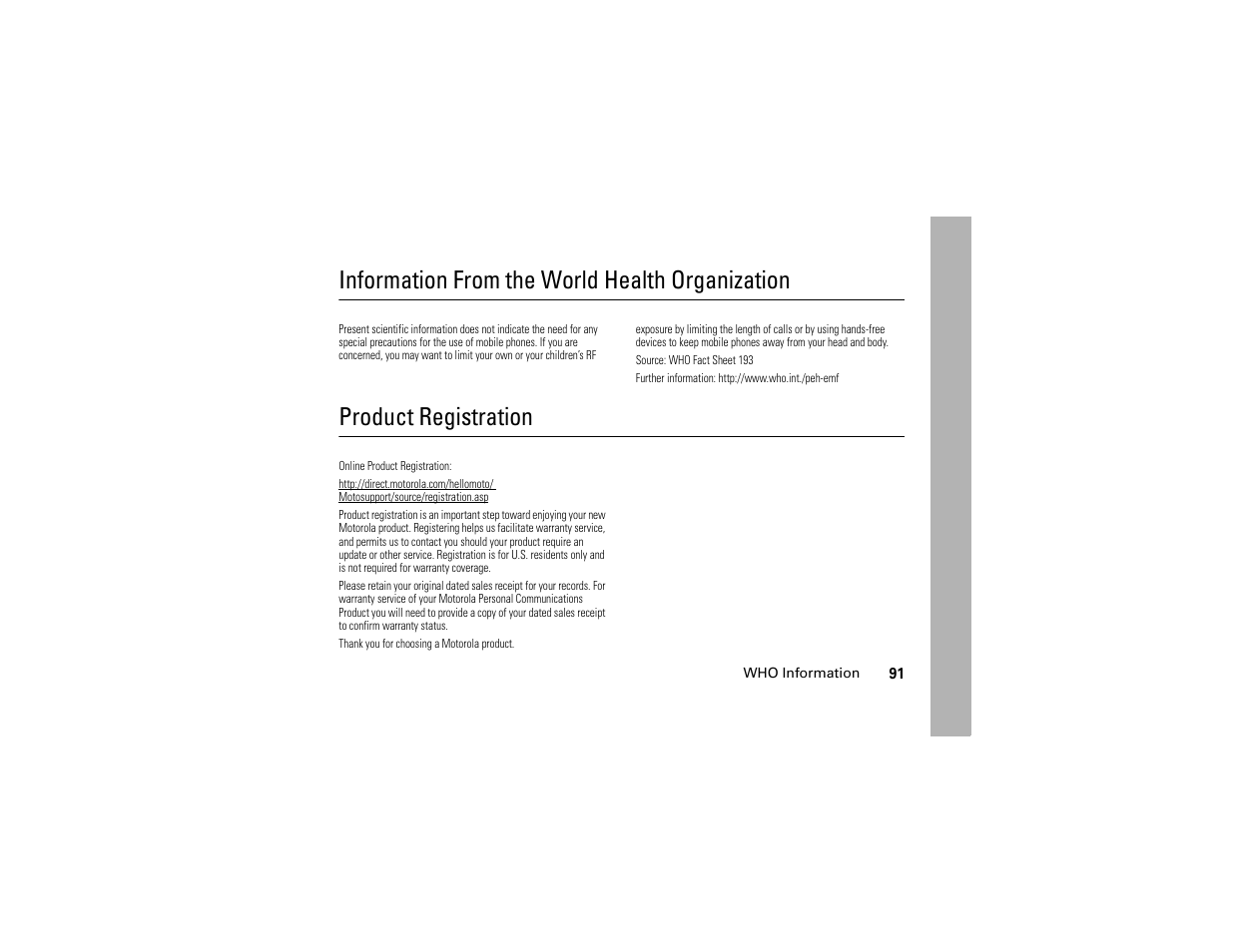 Information from the world health organization, Information from the, World health organization | Product registration | Motorola I290 User Manual | Page 97 / 108