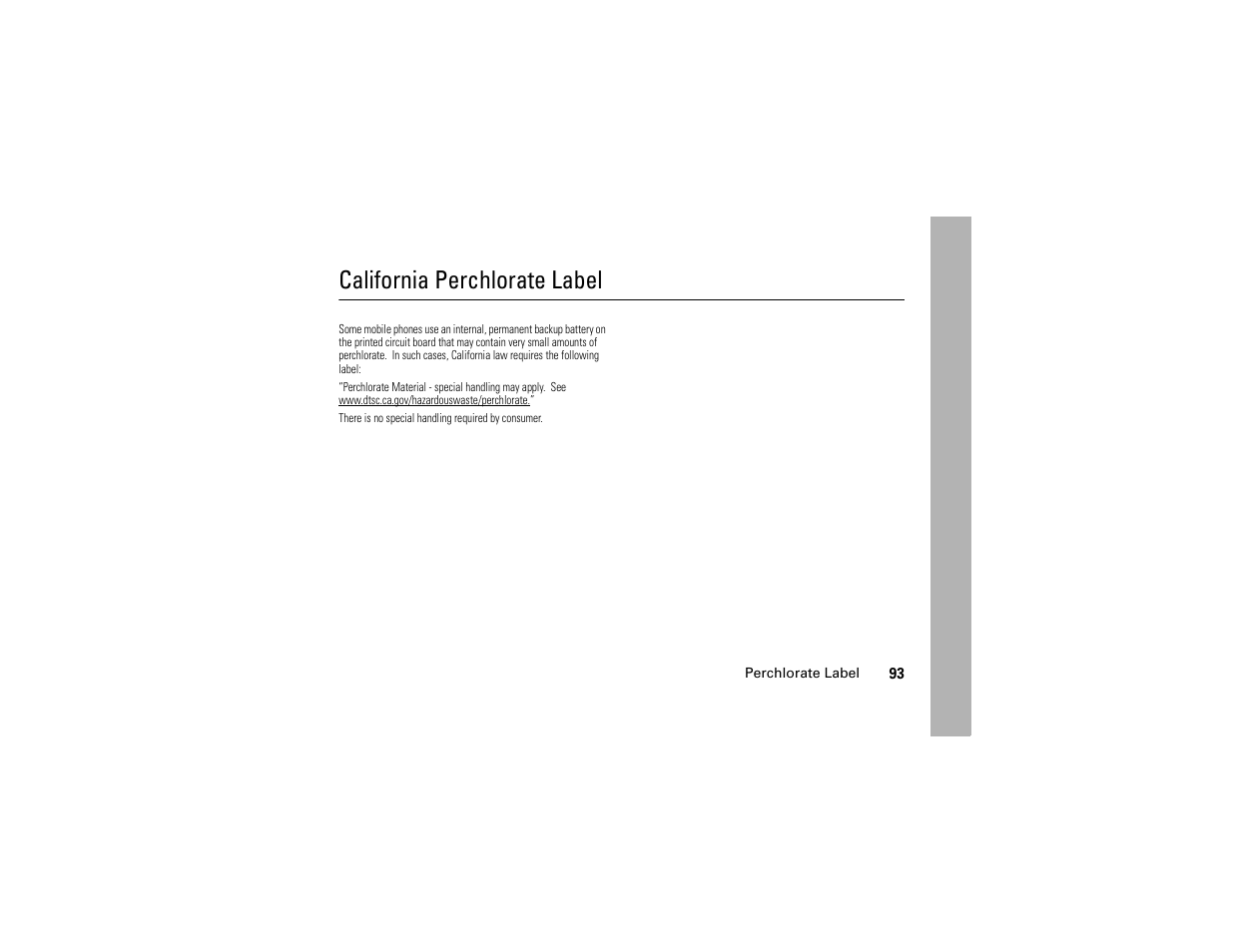 California perchlorate label, California perchlorate, Label | Motorola I290 User Manual | Page 99 / 108