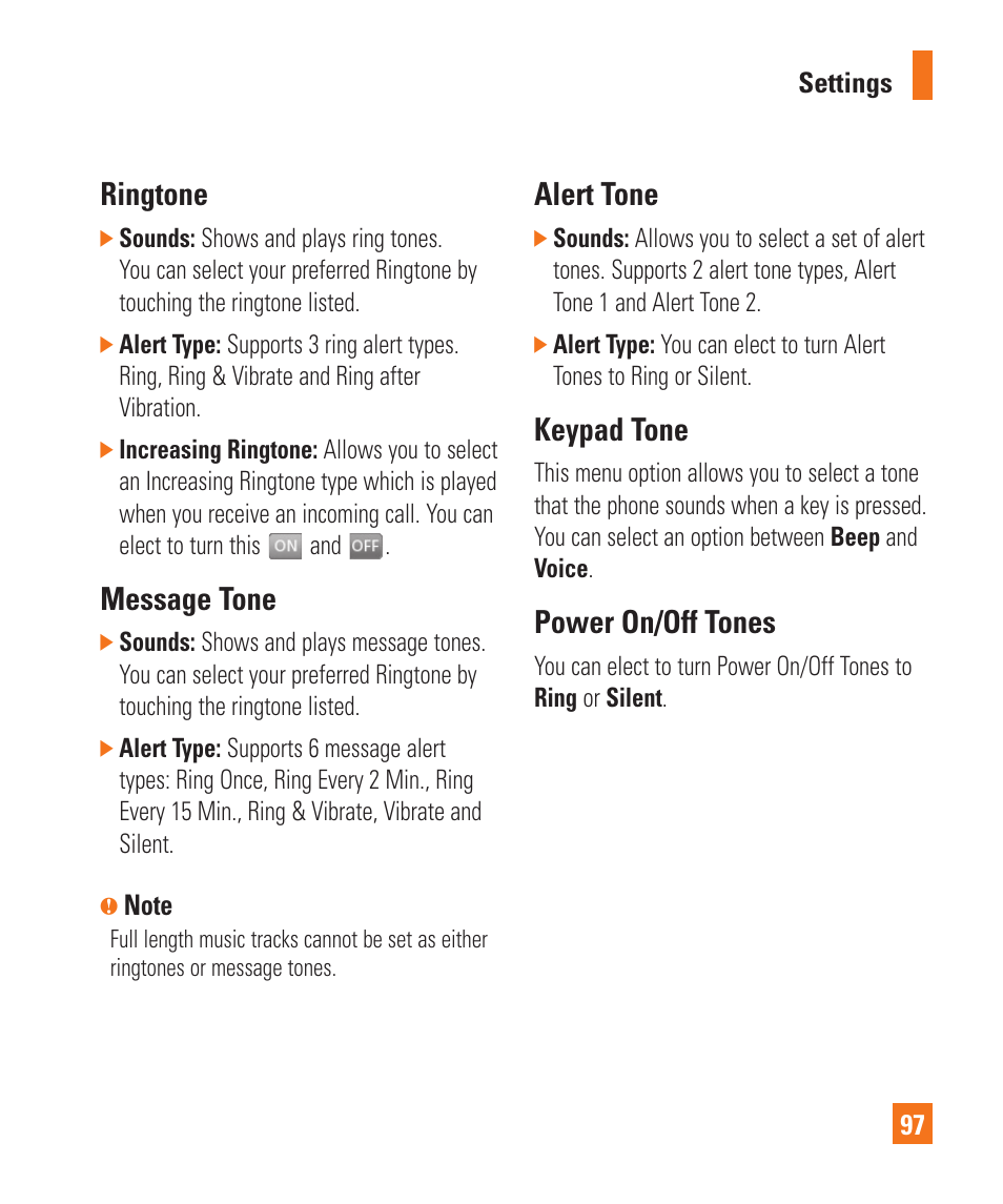 Ringtone, Message tone, Alert tone | Keypad tone, Power on/off tones | LG Xenon GR500 User Manual | Page 101 / 146