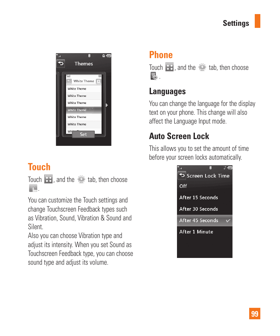 Touch, Phone | LG Xenon GR500 User Manual | Page 103 / 146