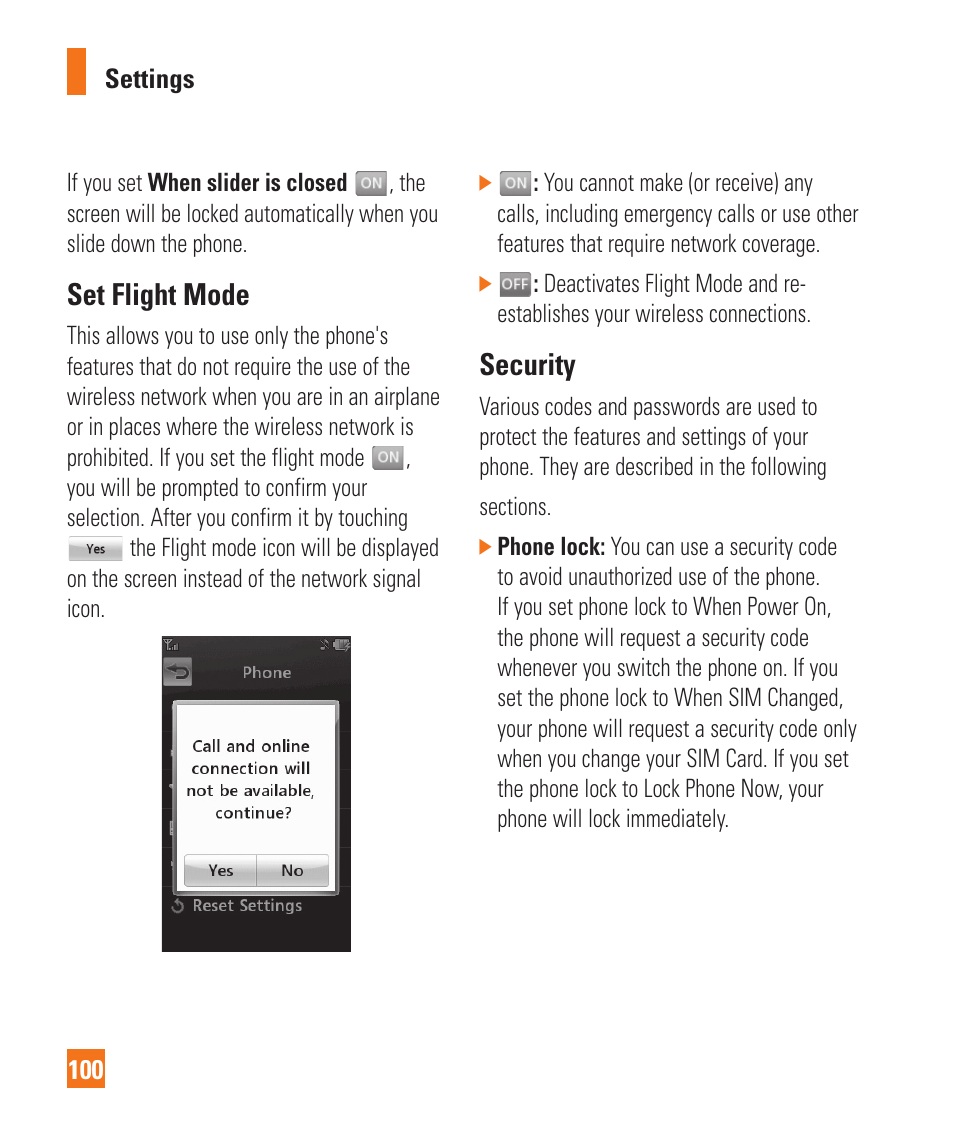 Set flight mode, Security | LG Xenon GR500 User Manual | Page 104 / 146