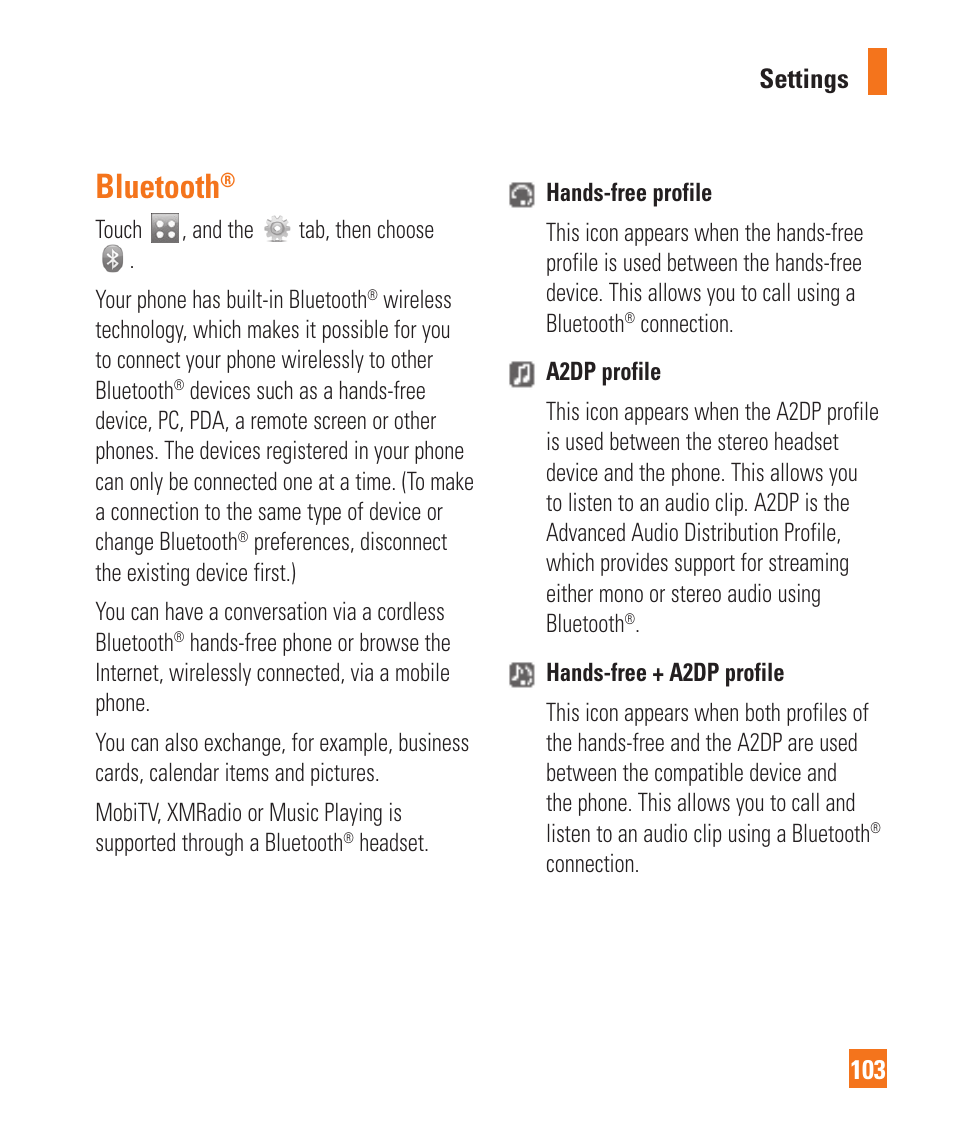 Bluetooth, Settings 103 | LG Xenon GR500 User Manual | Page 107 / 146