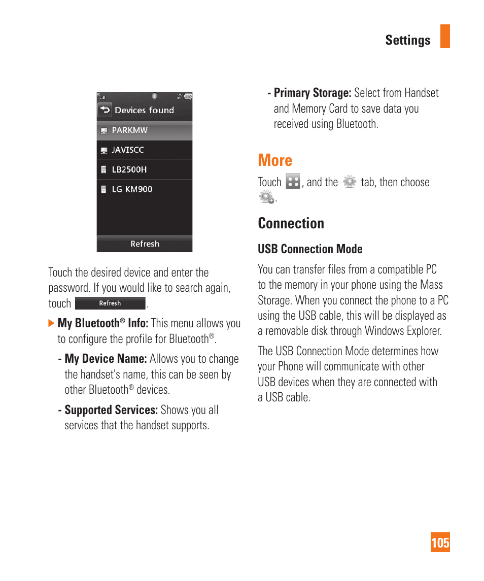 More, Connection | LG Xenon GR500 User Manual | Page 109 / 146