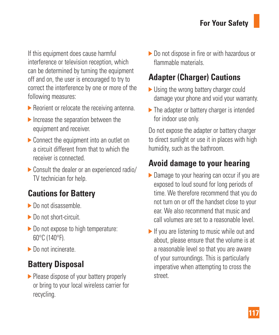 Cautions for battery, Battery disposal, Adapter (charger) cautions | Avoid damage to your hearing | LG Xenon GR500 User Manual | Page 121 / 146