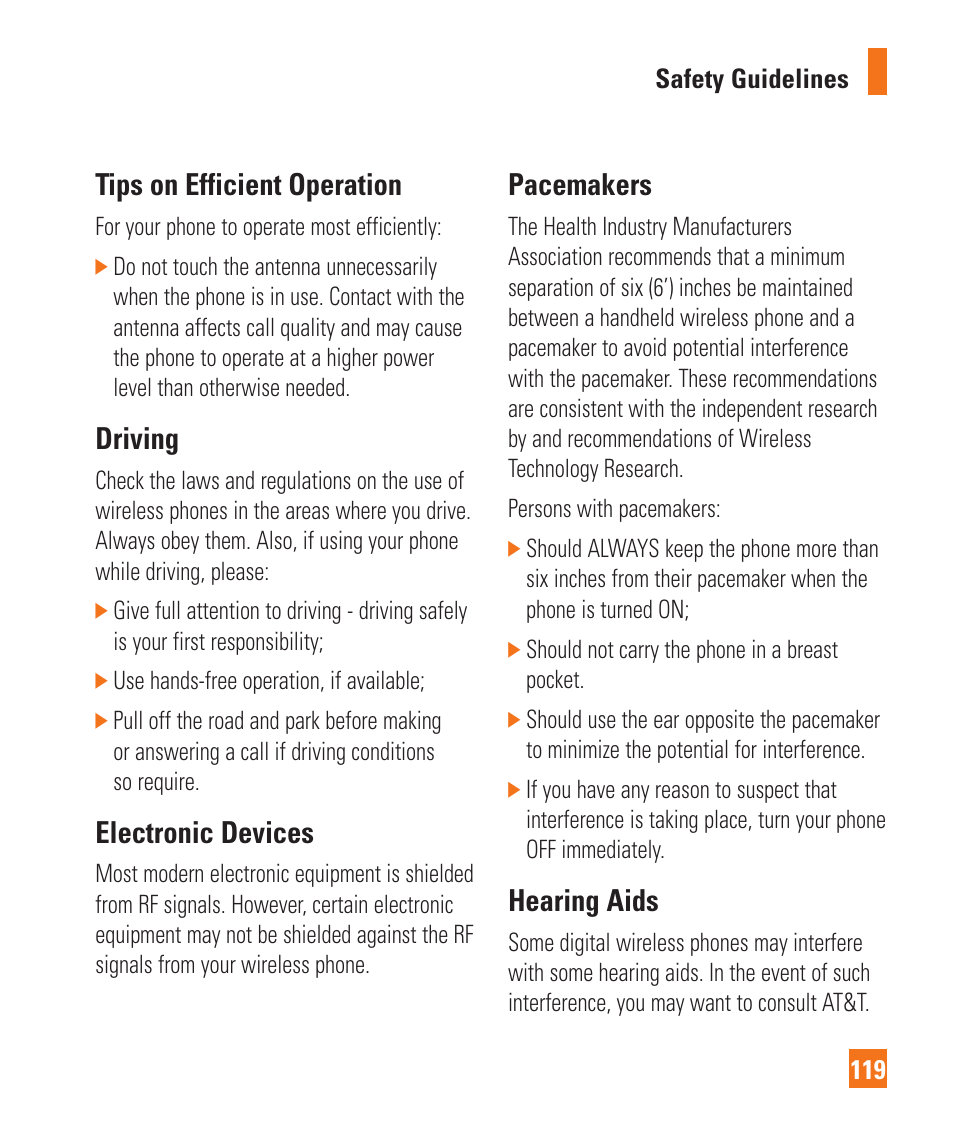 Tips on efficient operation, Driving, Electronic devices | Pacemakers, Hearing aids | LG Xenon GR500 User Manual | Page 123 / 146