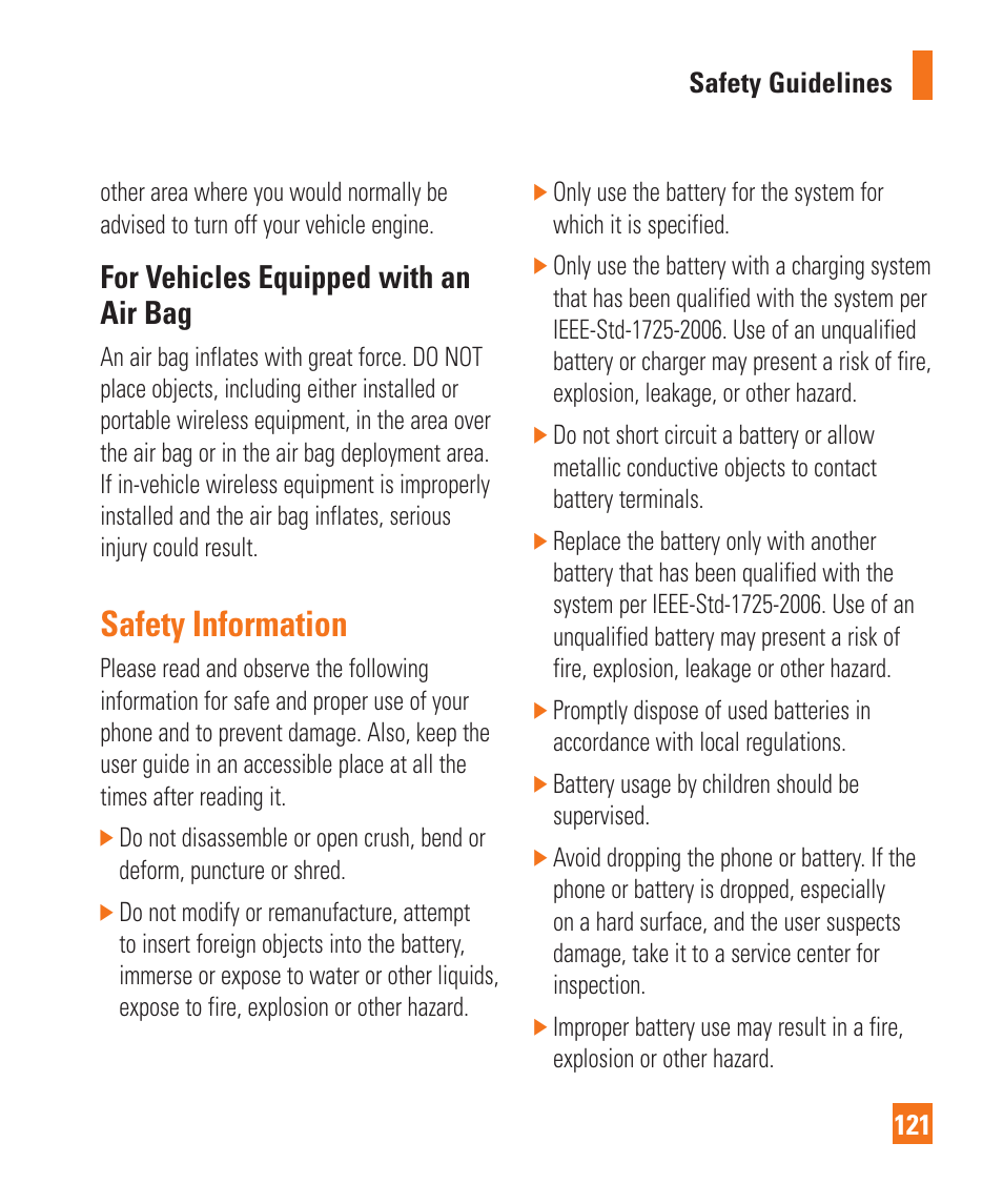 Safety information, For vehicles equipped with an air bag | LG Xenon GR500 User Manual | Page 125 / 146