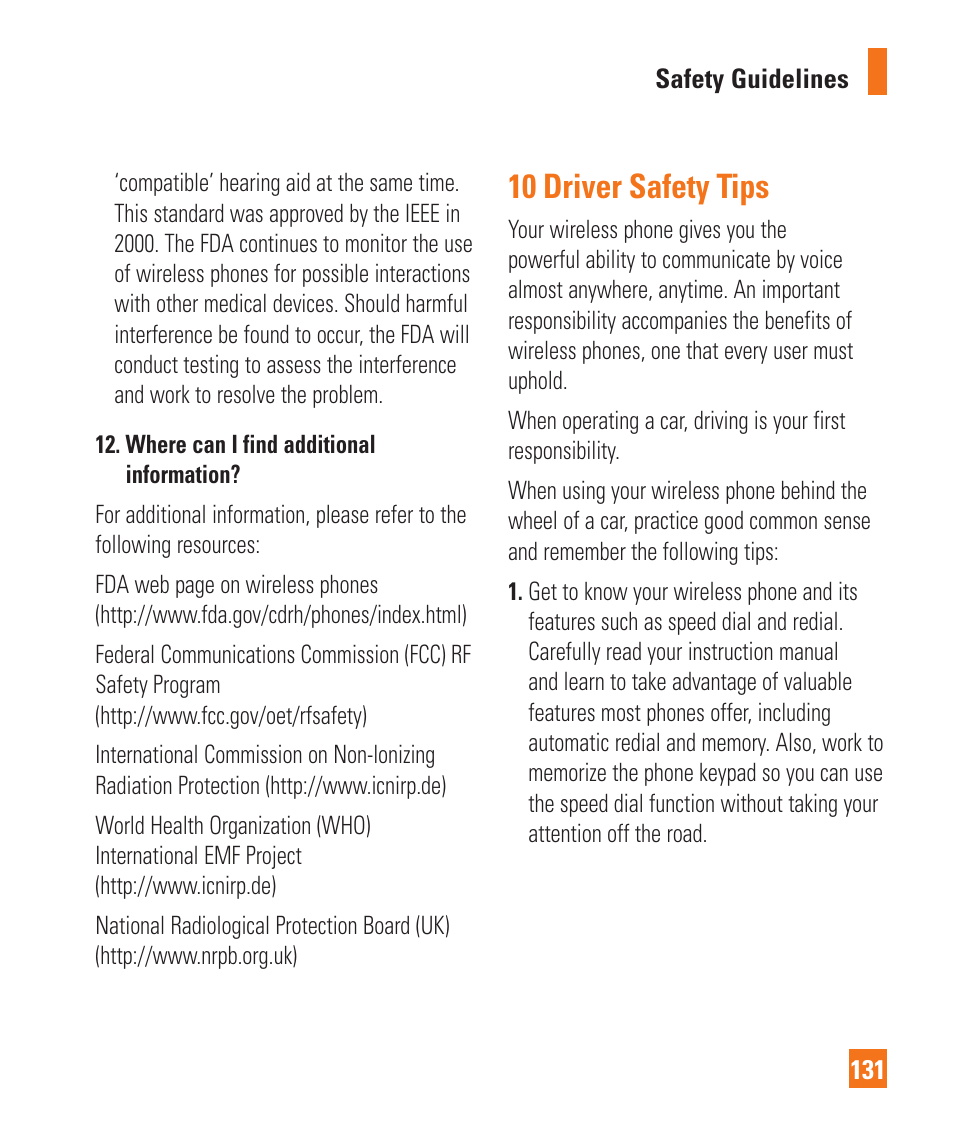 10 driver safety tips | LG Xenon GR500 User Manual | Page 135 / 146
