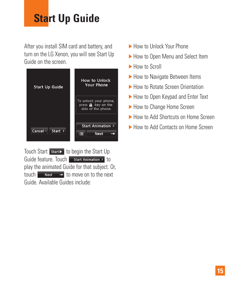 Start up guide | LG Xenon GR500 User Manual | Page 19 / 146