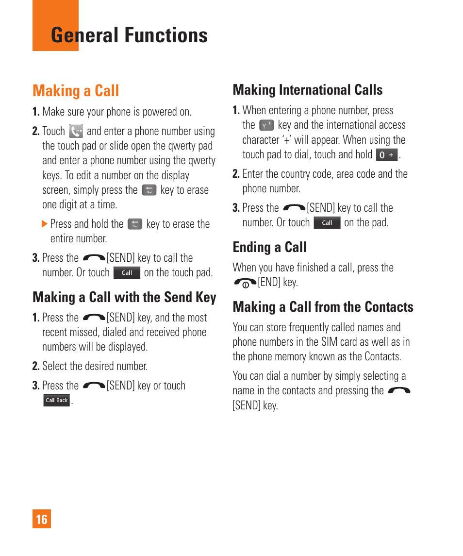 General functions, Making a call, Making a call with the send key | Making international calls, Ending a call, Making a call from the contacts | LG Xenon GR500 User Manual | Page 20 / 146