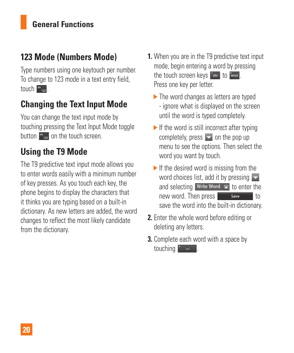 123 mode (numbers mode), Changing the text input mode, Using the t9 mode | LG Xenon GR500 User Manual | Page 24 / 146