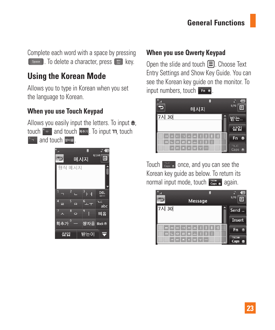 Using the korean mode | LG Xenon GR500 User Manual | Page 27 / 146