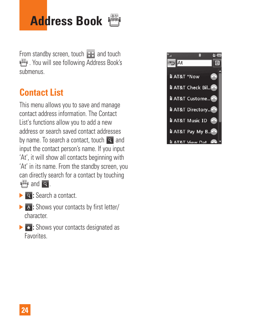 Address book, Contact list | LG Xenon GR500 User Manual | Page 28 / 146