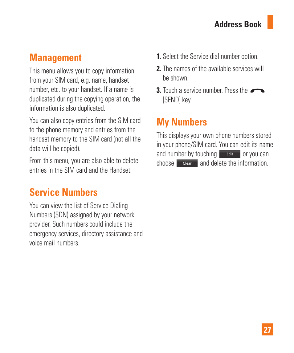 Management, Service numbers, My numbers | LG Xenon GR500 User Manual | Page 31 / 146