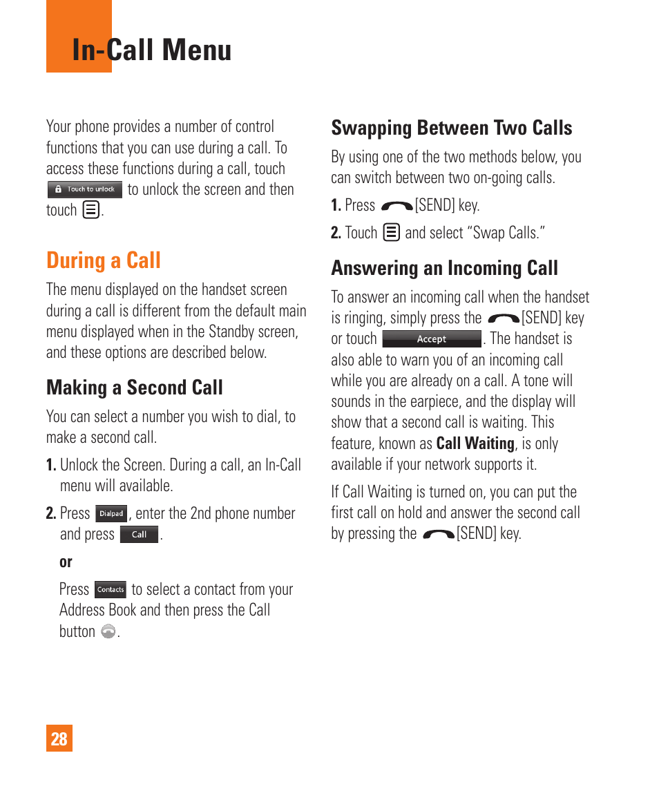 In-call menu, During a call, Making a second call | Swapping between two calls, Answering an incoming call | LG Xenon GR500 User Manual | Page 32 / 146