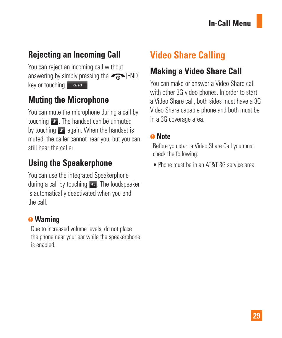 Video share calling, Rejecting an incoming call, Muting the microphone | Using the speakerphone, Making a video share call | LG Xenon GR500 User Manual | Page 33 / 146