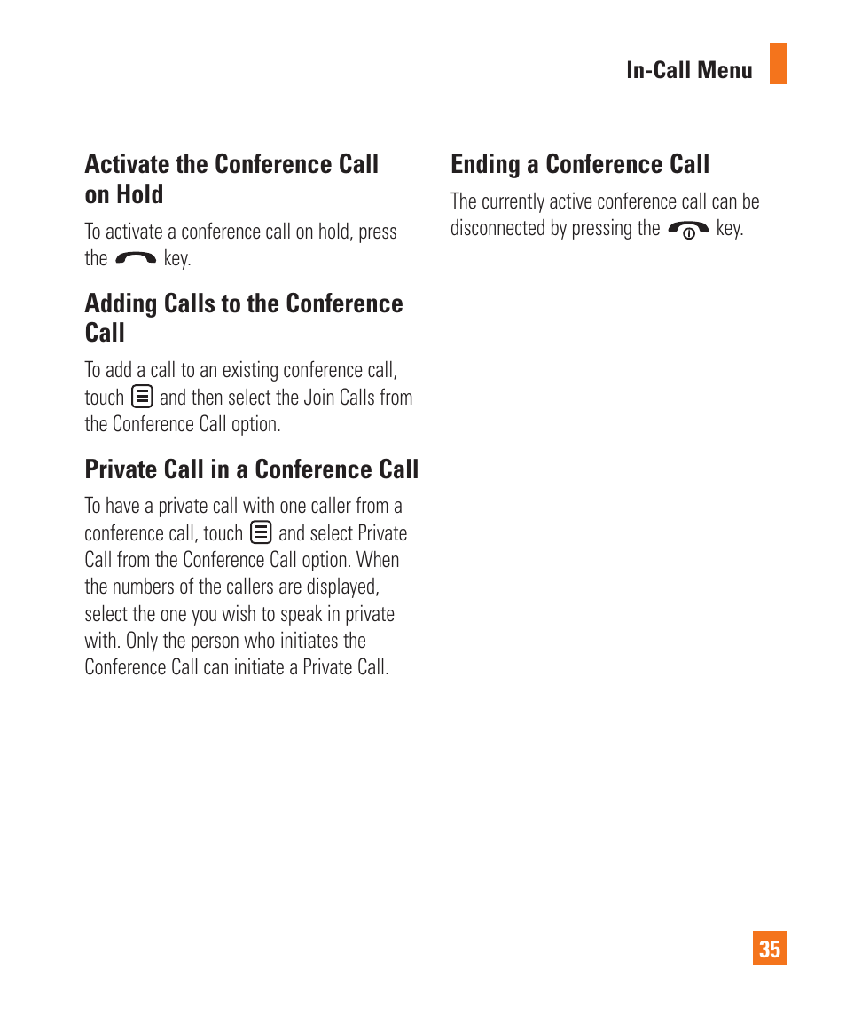 Activate the conference call on hold, Adding calls to the conference call, Private call in a conference call | Ending a conference call | LG Xenon GR500 User Manual | Page 39 / 146