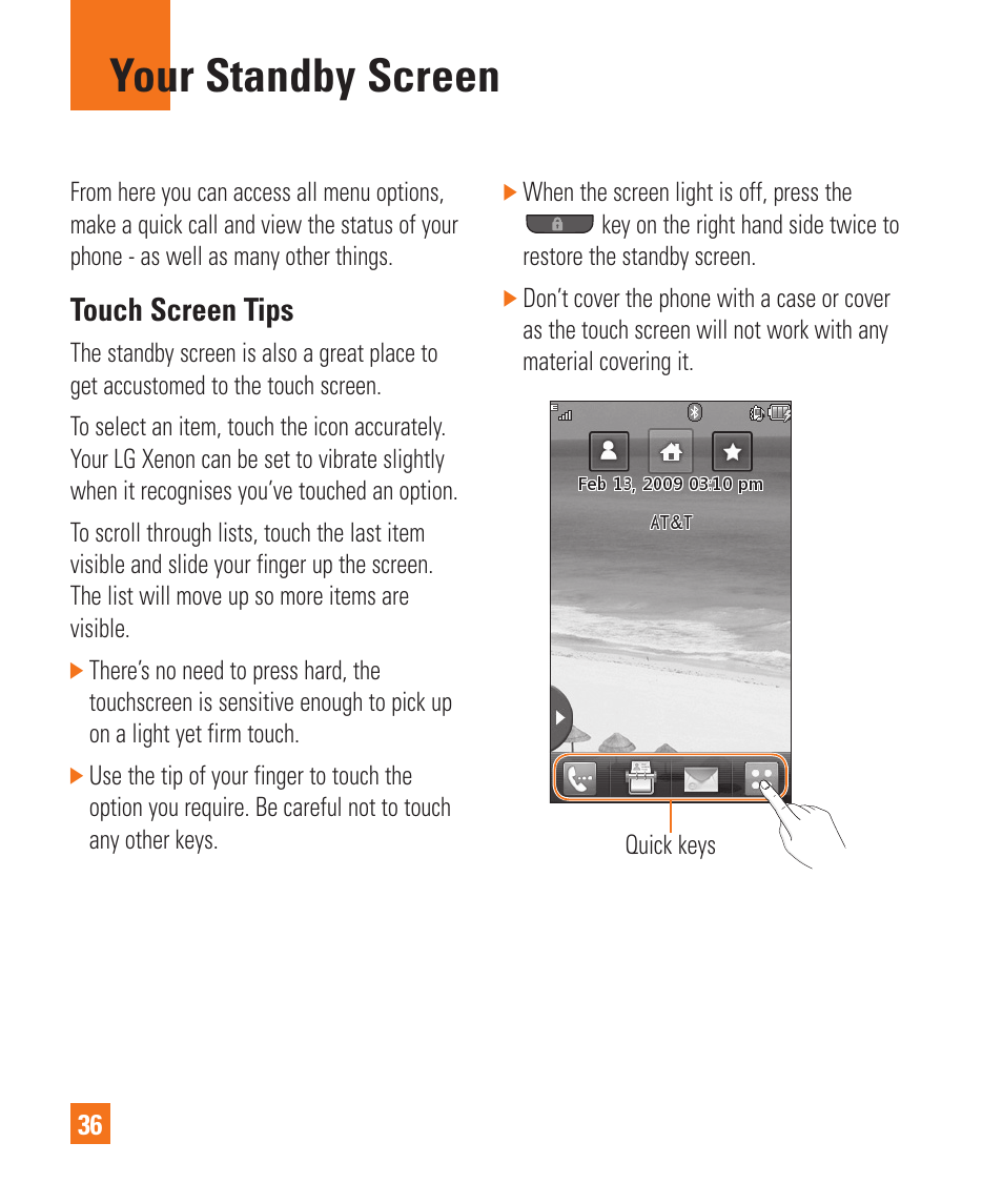 Your standby screen, Touch screen tips | LG Xenon GR500 User Manual | Page 40 / 146