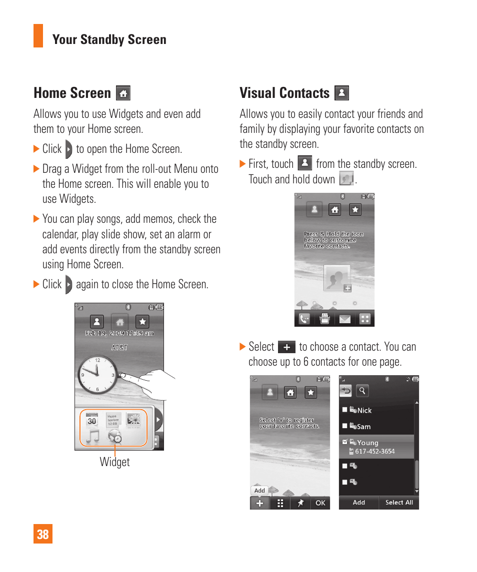 Home screen, Visual contacts | LG Xenon GR500 User Manual | Page 42 / 146