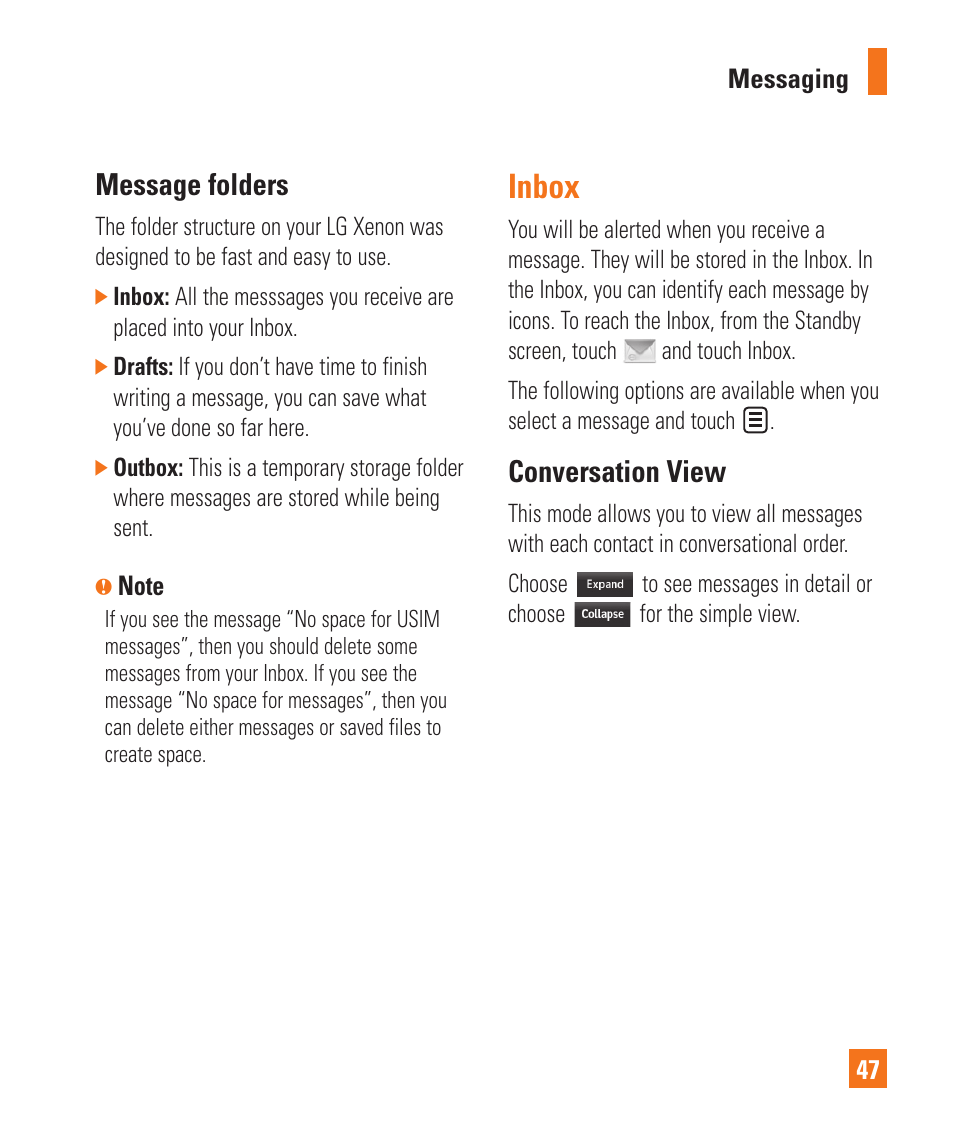 Inbox, Message folders, Conversation view | LG Xenon GR500 User Manual | Page 51 / 146