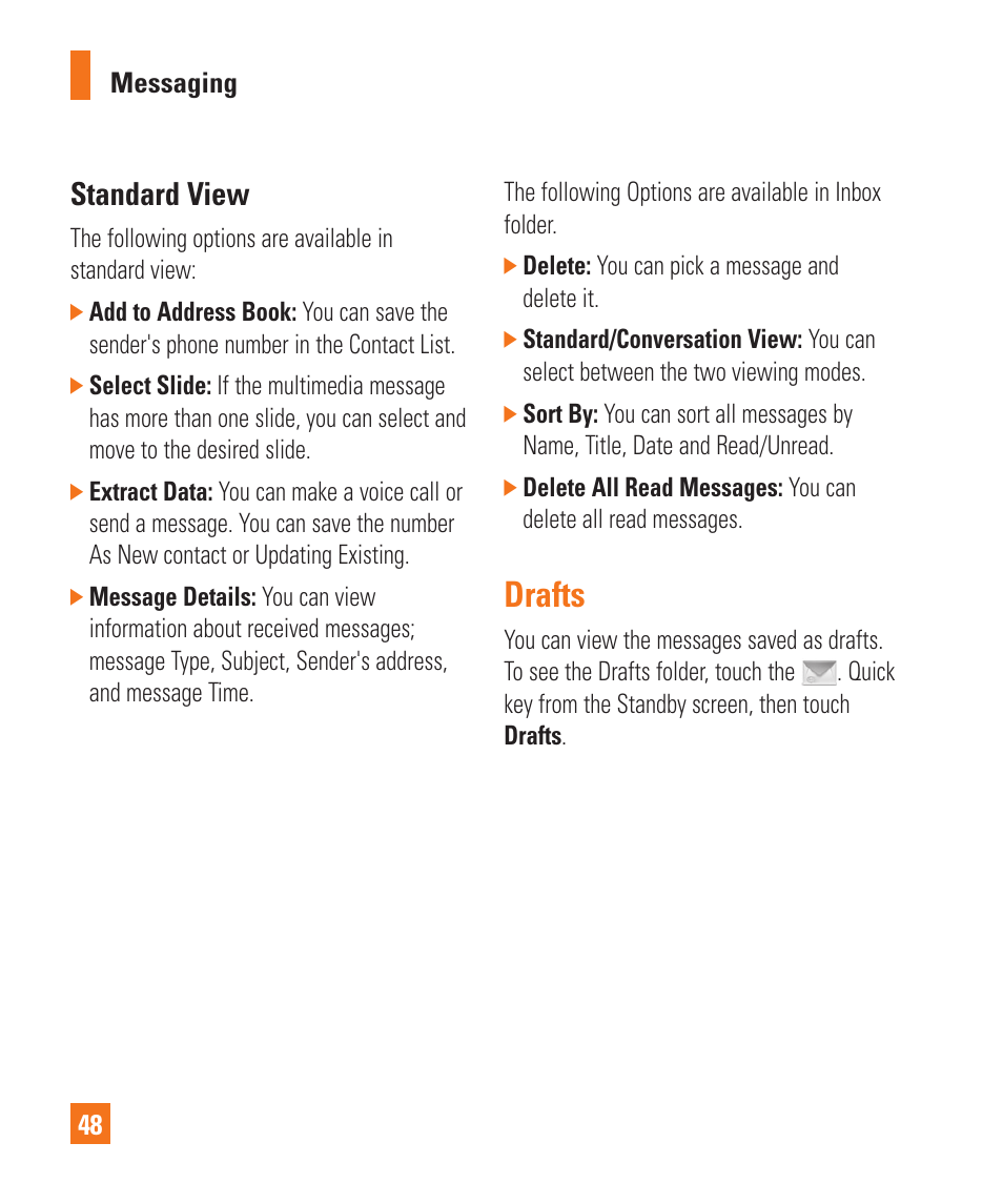Drafts, Standard view | LG Xenon GR500 User Manual | Page 52 / 146