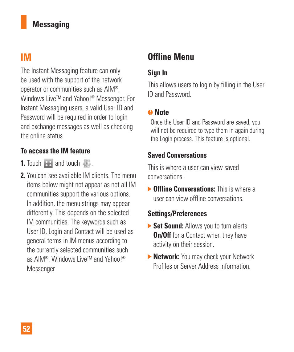 Offline menu | LG Xenon GR500 User Manual | Page 56 / 146