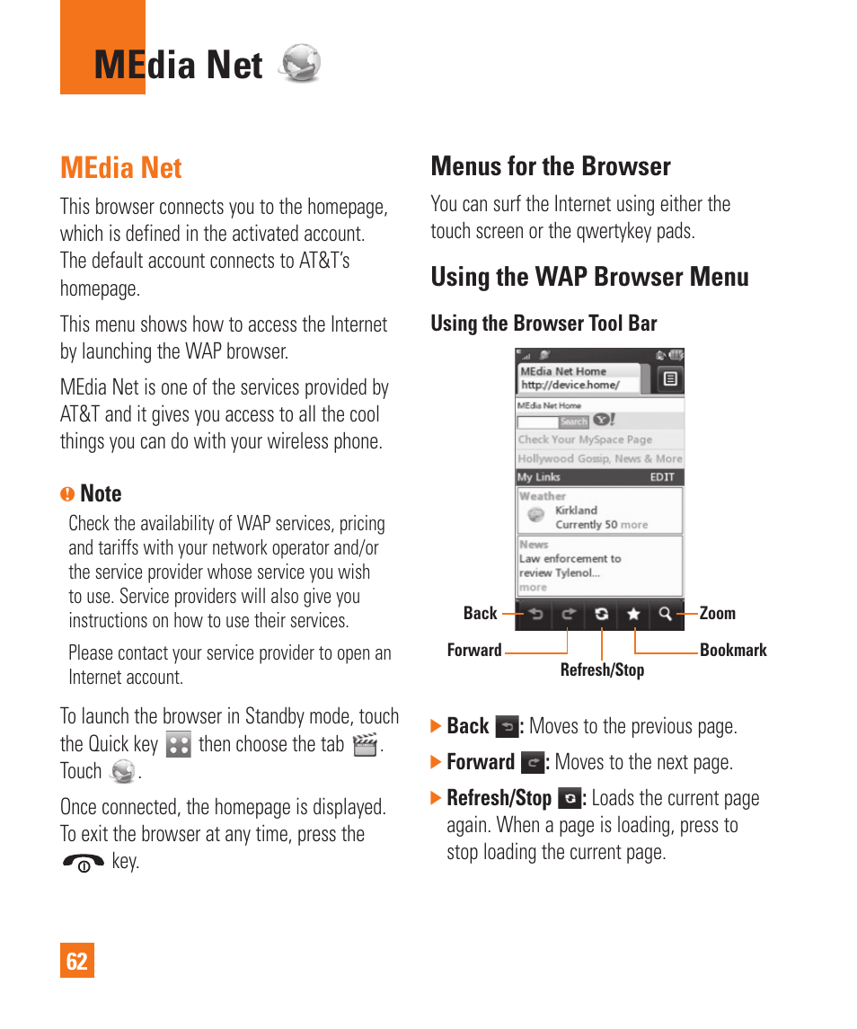 Media net, Menus for the browser, Using the wap browser menu | LG Xenon GR500 User Manual | Page 66 / 146