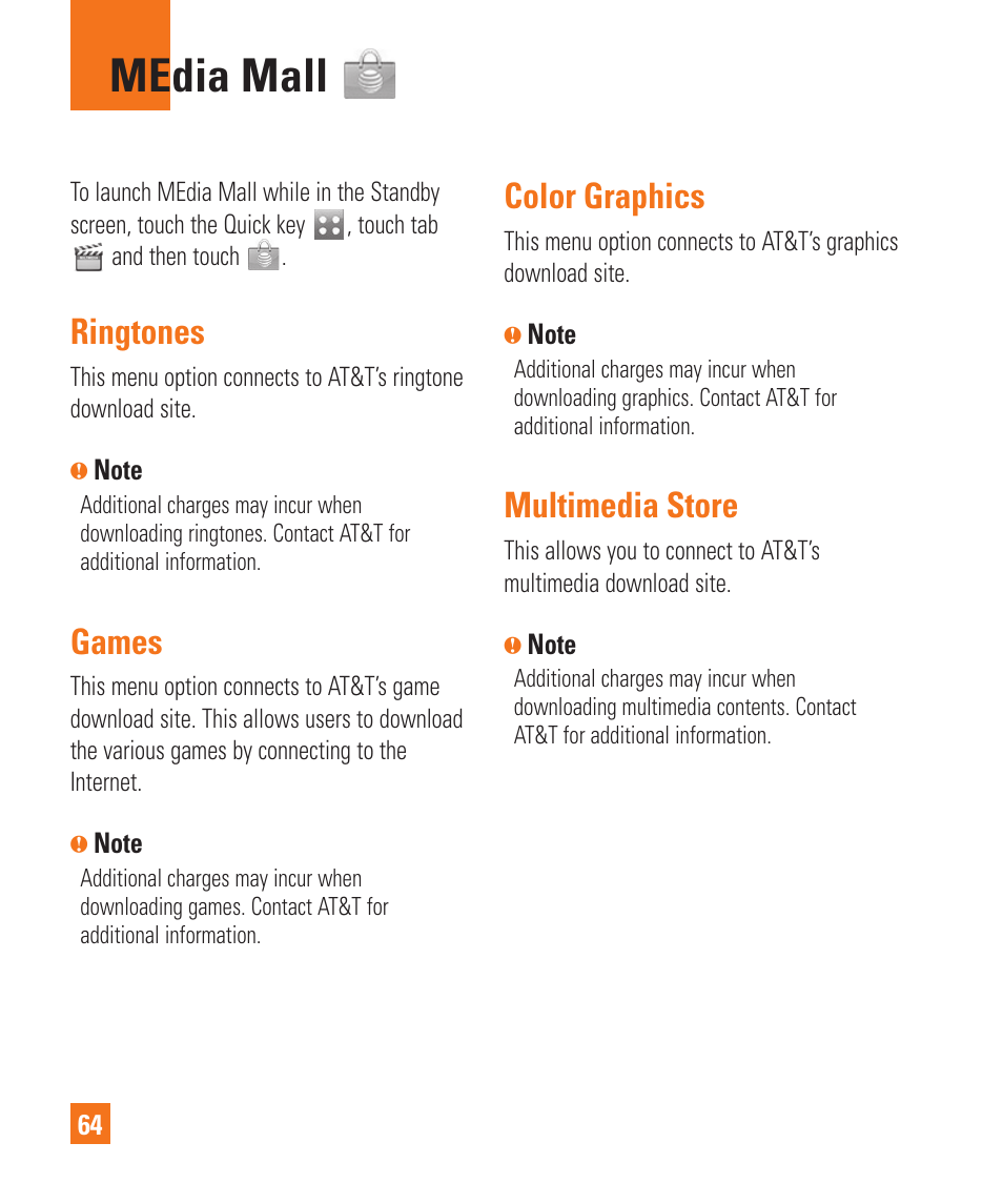 Media mall, Ringtones, Games | Color graphics, Multimedia store | LG Xenon GR500 User Manual | Page 68 / 146