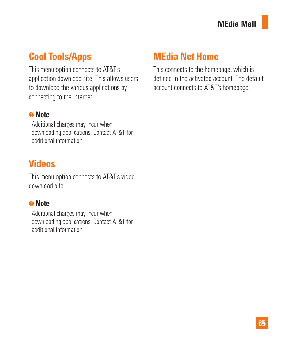 Cool tools/apps, Videos, Media net home | LG Xenon GR500 User Manual | Page 69 / 146