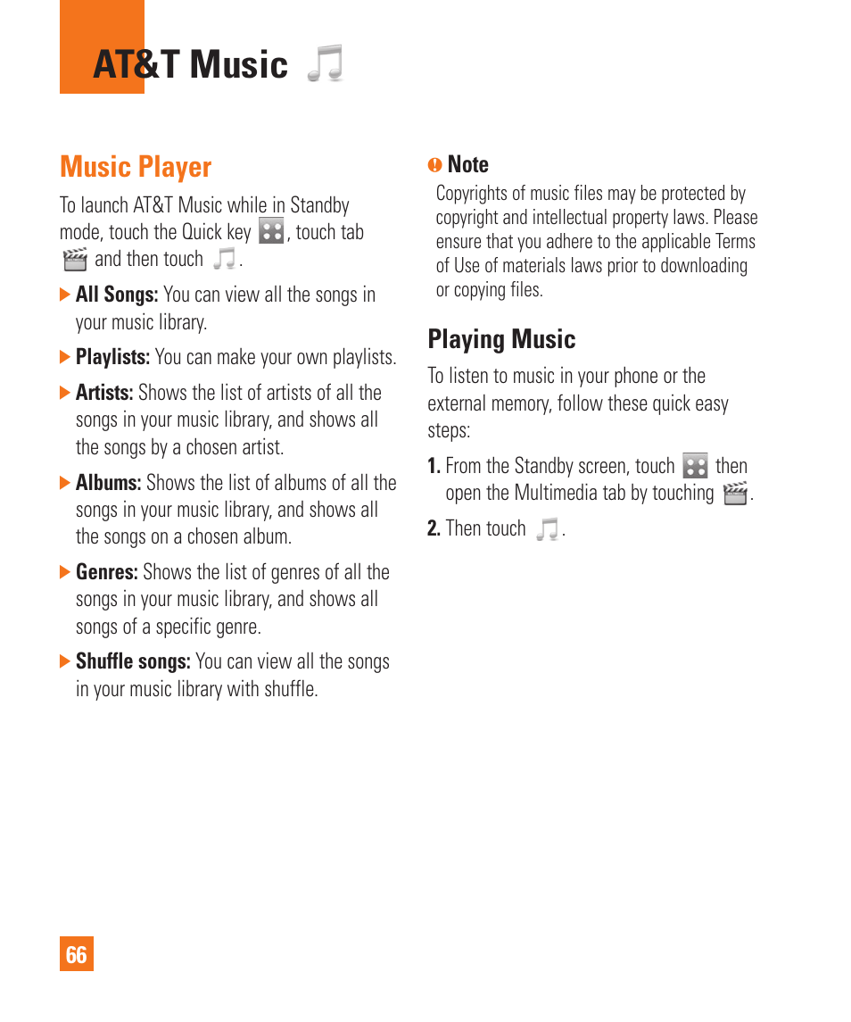 At&t music, Music player, Playing music | LG Xenon GR500 User Manual | Page 70 / 146