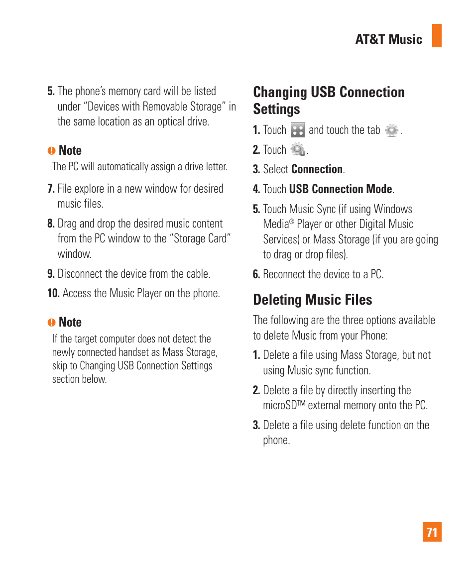 Changing usb connection settings, Deleting music files | LG Xenon GR500 User Manual | Page 75 / 146