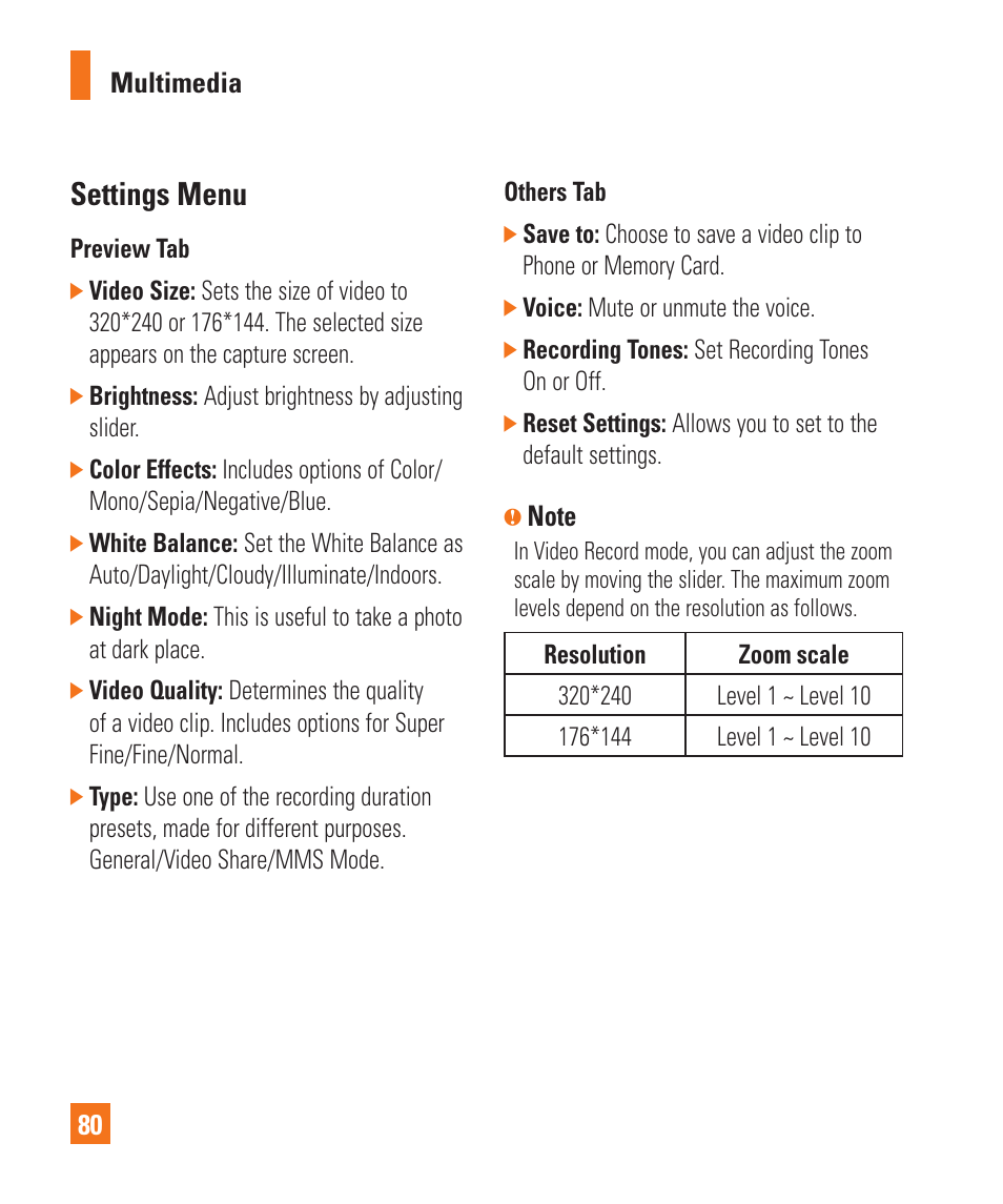 Settings menu | LG Xenon GR500 User Manual | Page 84 / 146