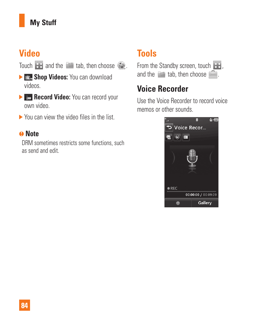 Video, Tools, Voice recorder | LG Xenon GR500 User Manual | Page 88 / 146