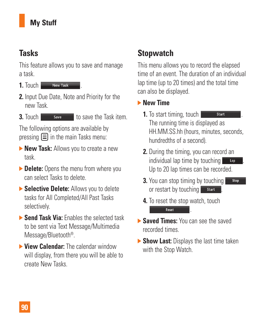 Tasks, Stopwatch | LG Xenon GR500 User Manual | Page 94 / 146