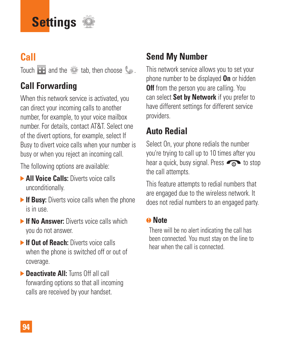 Settings, Call, Call forwarding | Send my number, Auto redial | LG Xenon GR500 User Manual | Page 98 / 146