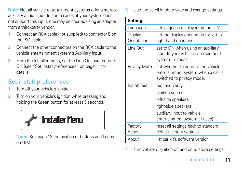 Set install preferences, E “set, Installer menu | Motorola 68014301013 User Manual | Page 13 / 36