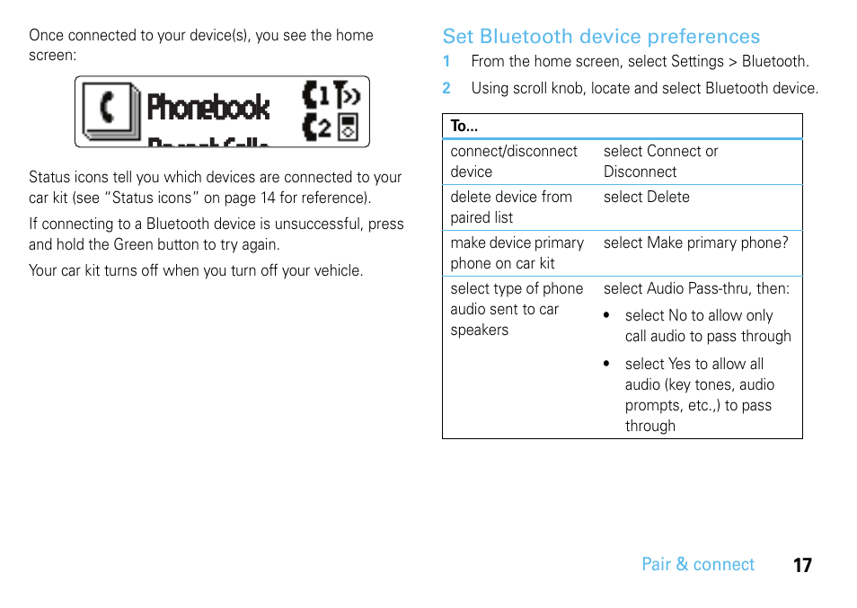 Set bluetooth device preferences, Set bluetooth, Device preferences | Phonebook recentcalls | Motorola 68014301013 User Manual | Page 19 / 36